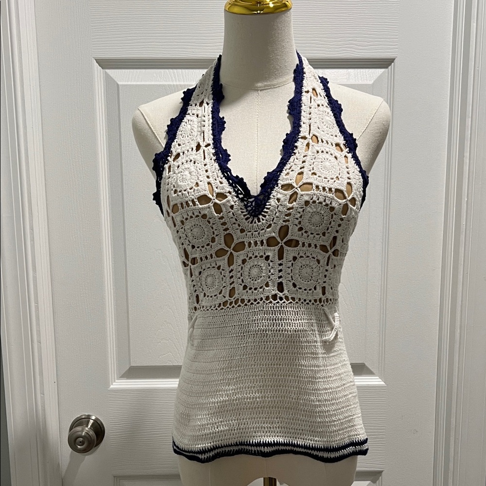 Moda International White and Navy Crochet Halter Top